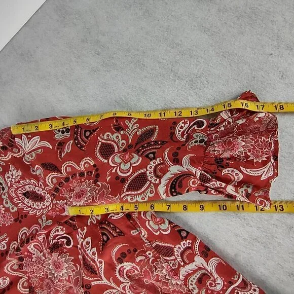 Ann Taylor Muted Red Clay Paisley Patterned Cotton Blend Bell Sleeve Top Size XL - Picture 9 of 12
